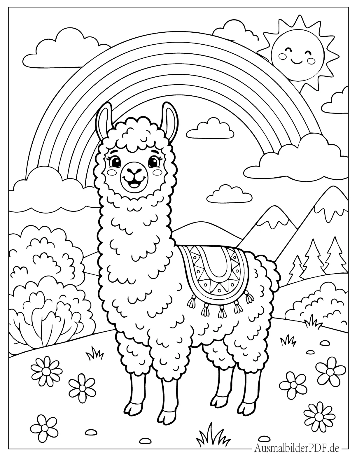 Lächelndes Lama mit lockigem Fell und Regenbogenszene Malvorlage
