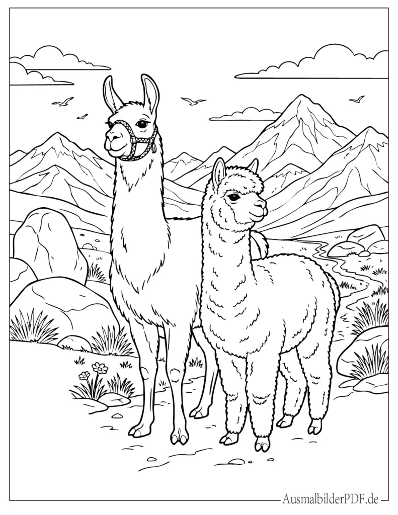 Ausmalblatt von einem Lama und Alpaka zusammen, ideal als Malvorlage für Kinder zum Ausdrucken