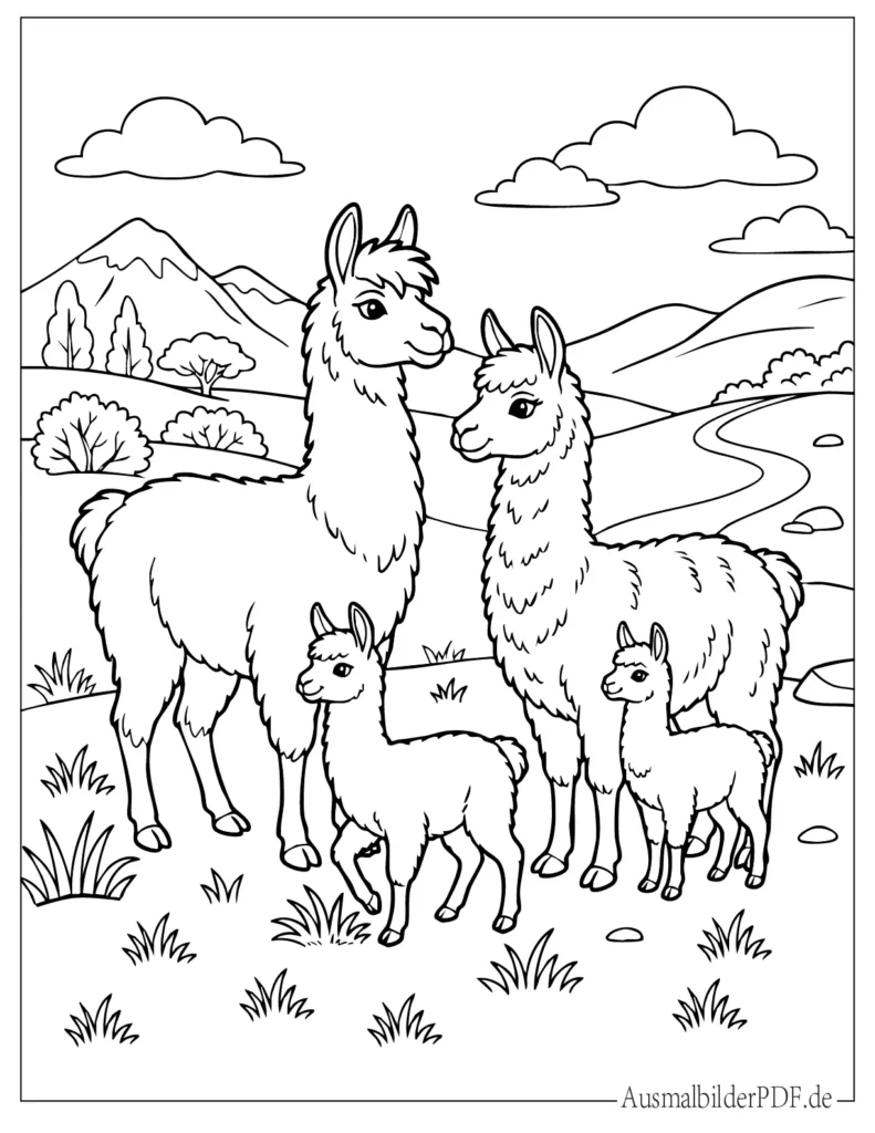 Druckvorlage einer Lama-Familie mit Mama, Papa und Babys, ideal zum Ausmalen für Kinder