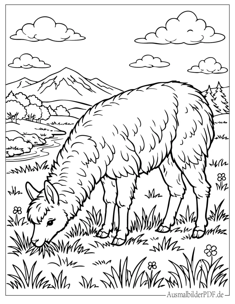 Ausmalbild von einem Lama, das Gras frisst, ideal als Malvorlage für Kinder und Erwachsene