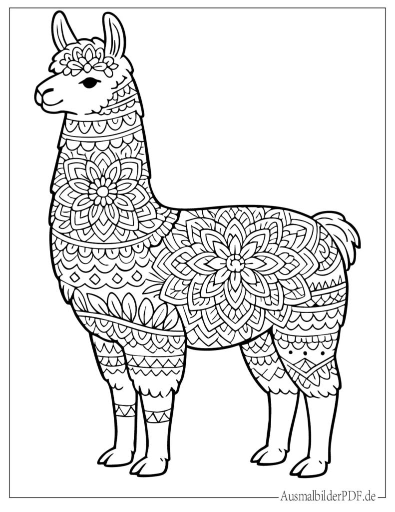 Ausmalbild eines Lama-Mandalas, detaillierte Malvorlage für Erwachsene zum Entspannen und Ausmalen