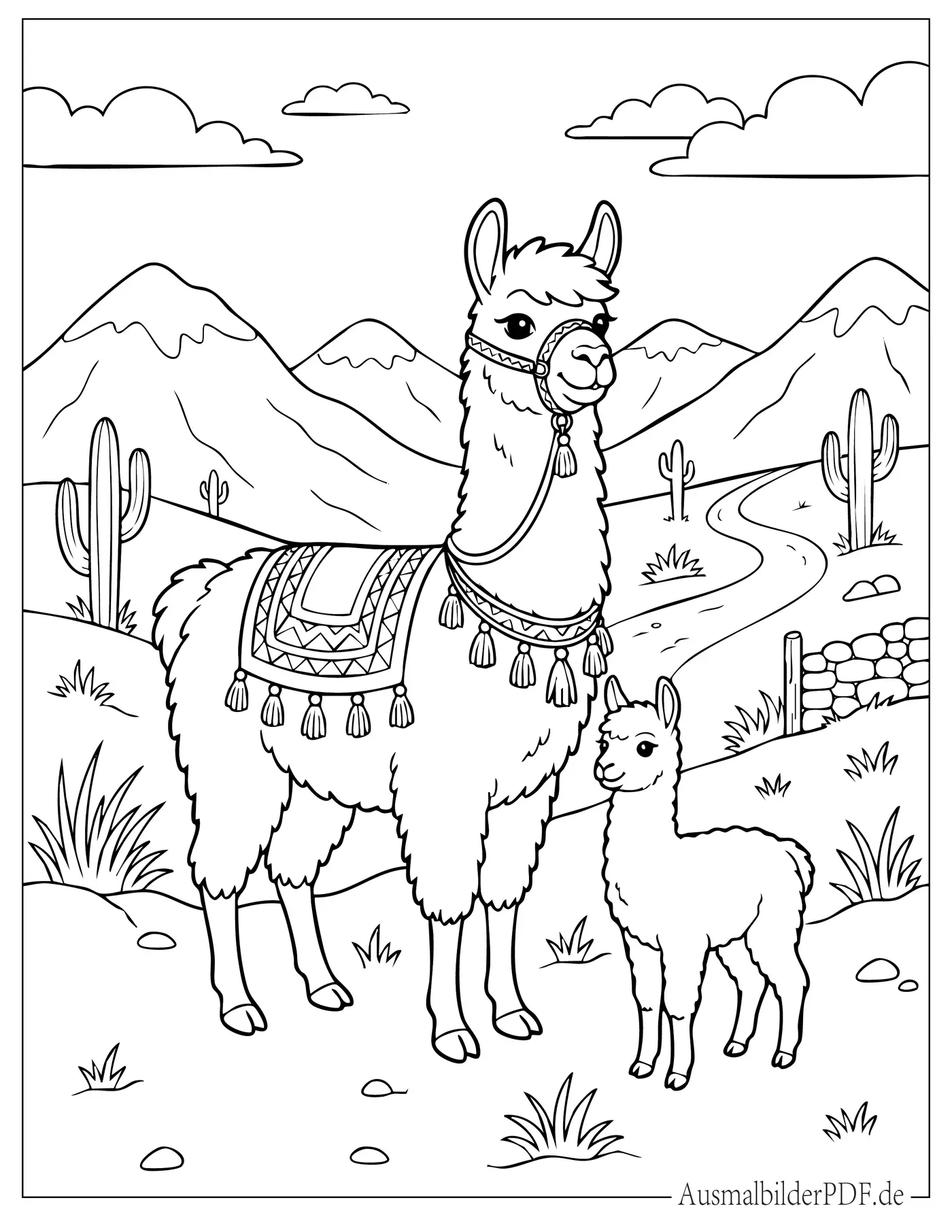 Lama Mutter mit süßem Baby Ausmalbild
