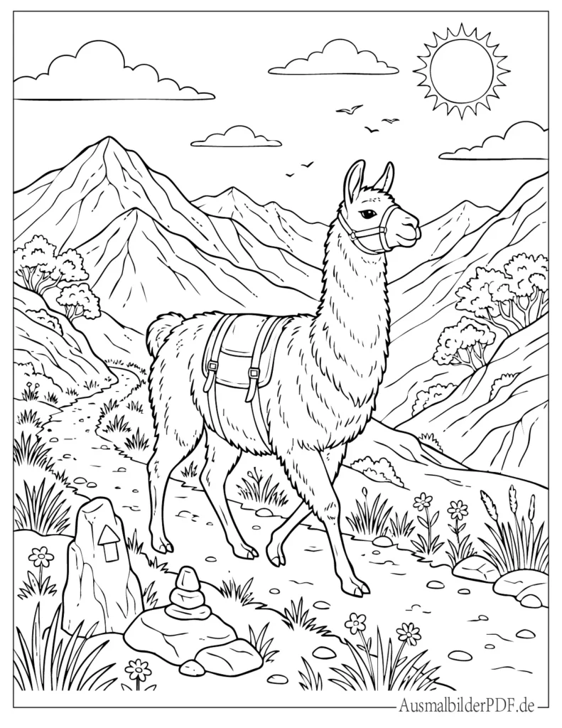 Malvorlage eines Lamas, das auf einem Bergpfad wandert, ideal zum Ausmalen für Kinder