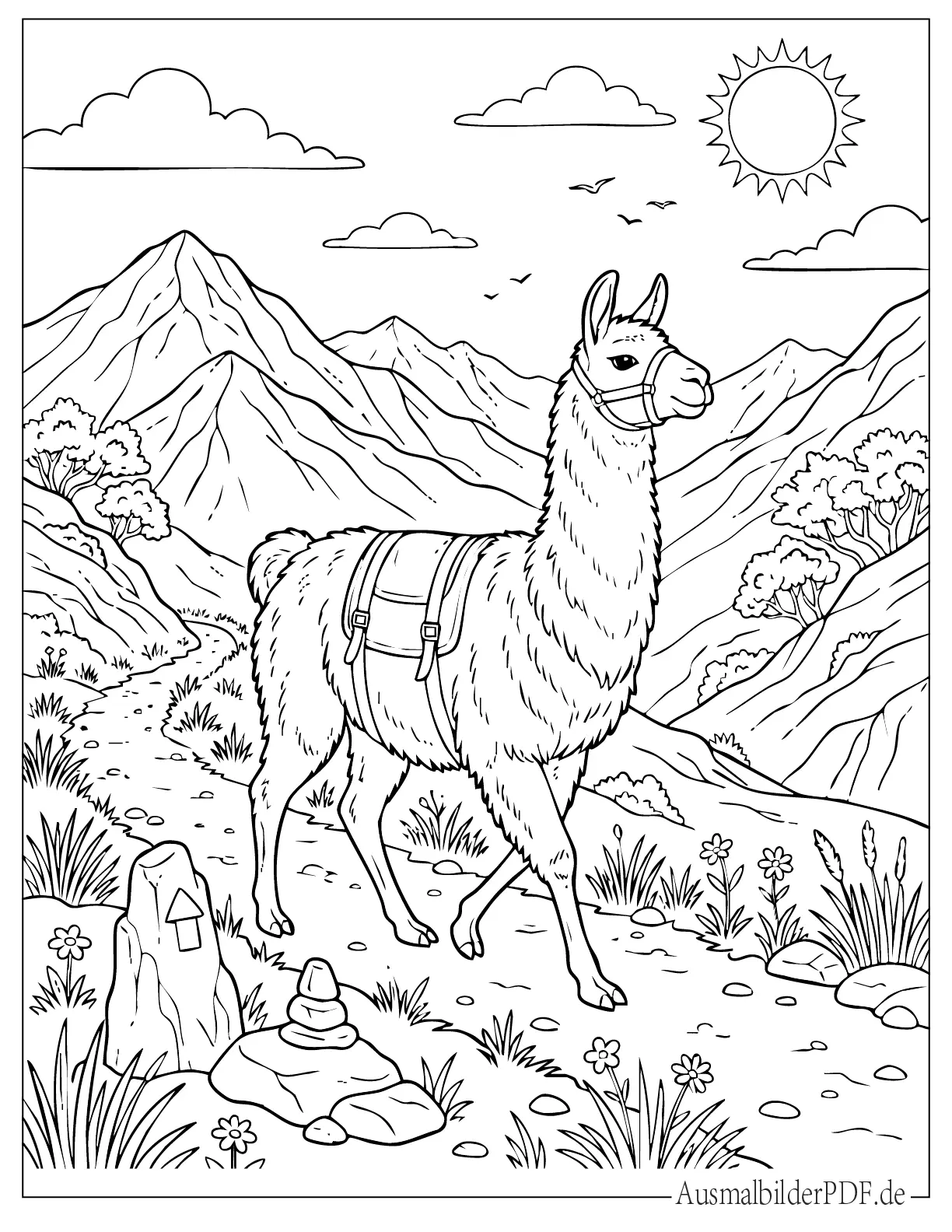Realistisches Lama läuft auf einem Bergpfad zum Ausmalen