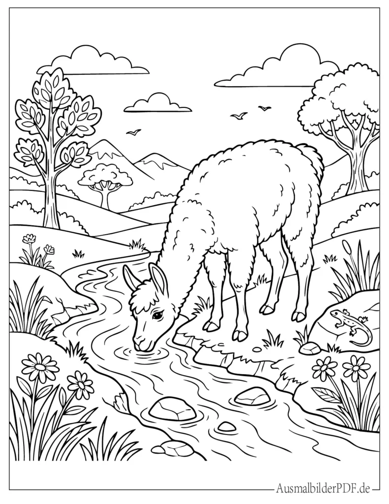 Vorlage von einem Lama, das Wasser aus einem Bach trinkt, perfekt zum Ausmalen für Kinder