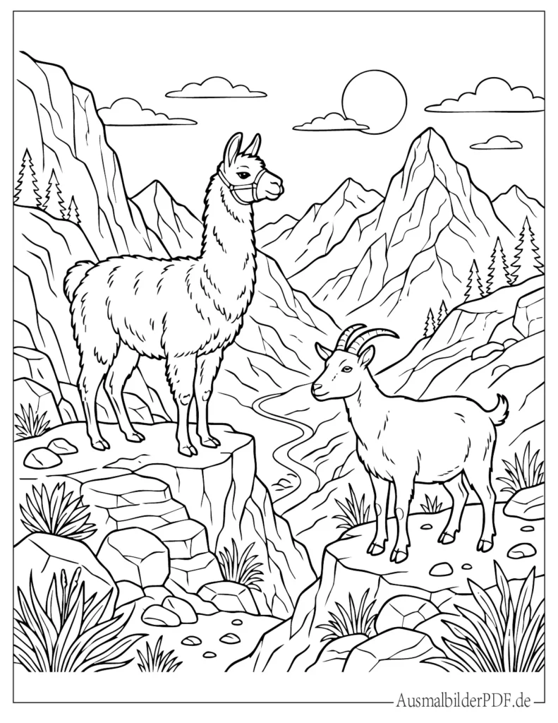 Malvorlage von einem Lama und einer Ziege auf einem Berg, perfekt zum Ausmalen für Kinder
