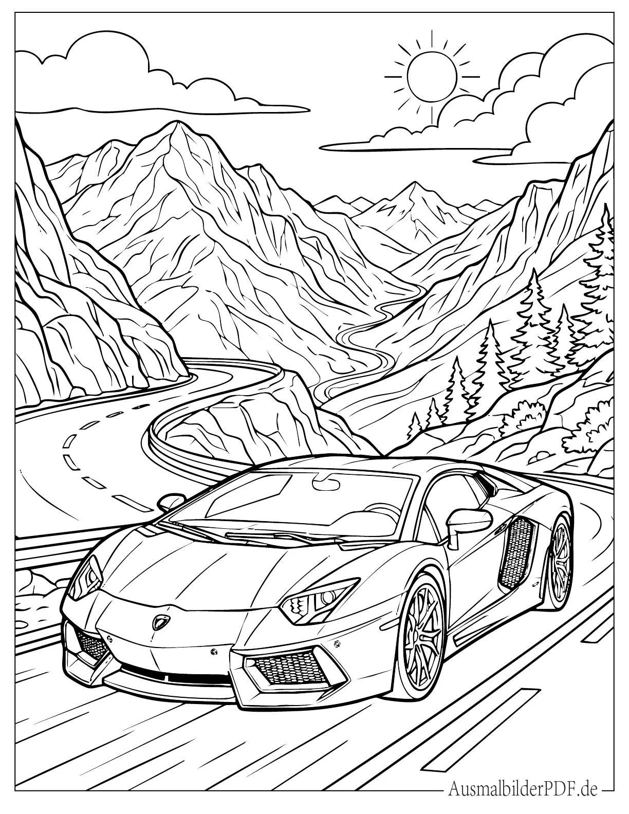 Detaillierter Lamborghini Aventador fährt in den Bergen Ausmalbild