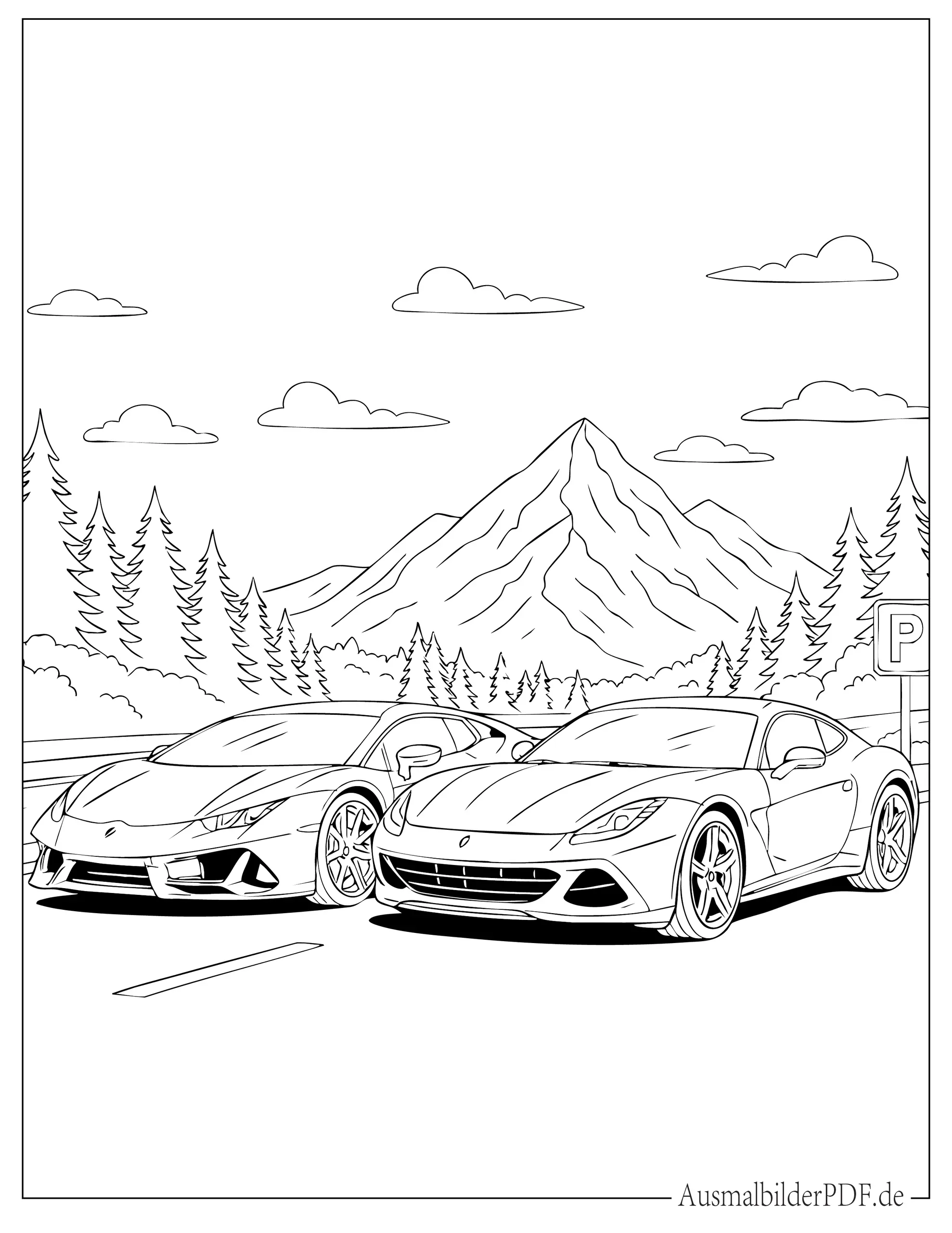 Lamborghini und Ferrari geparkt auf Bergstraße zum Ausmalen