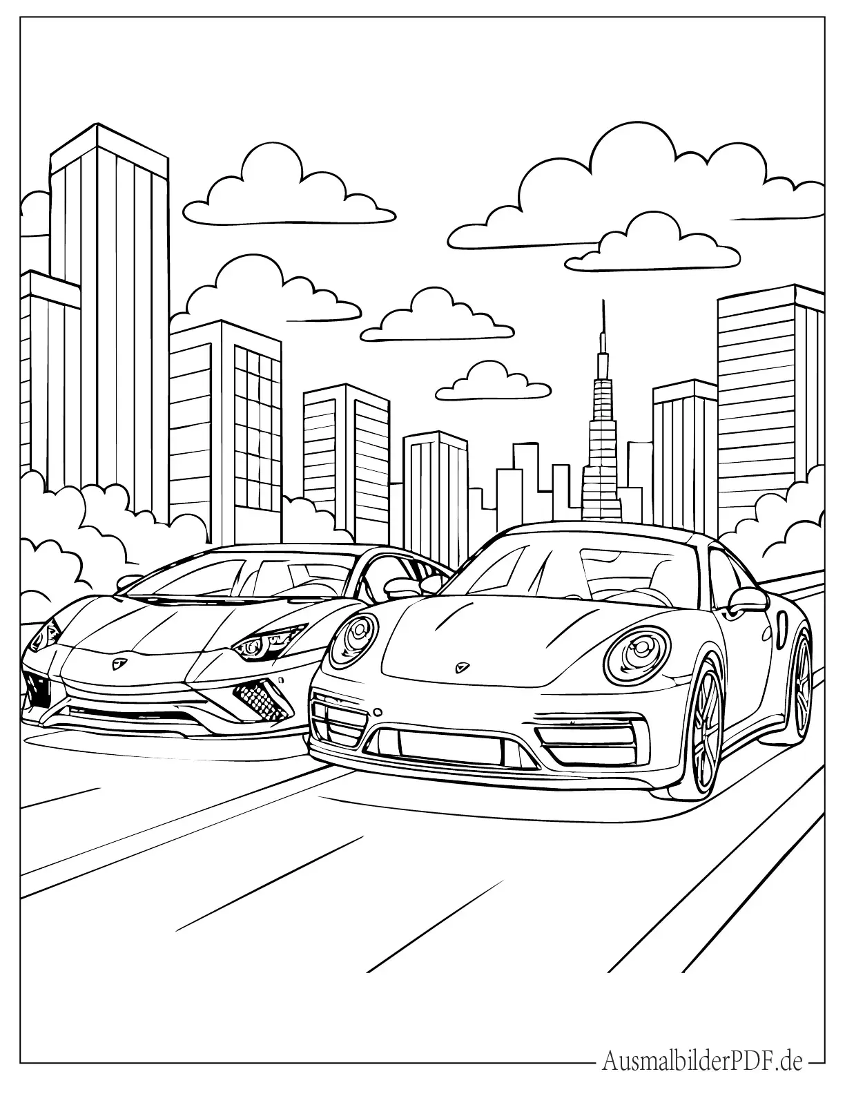 Lamborghini und Porsche in der Stadt Ausmalbild