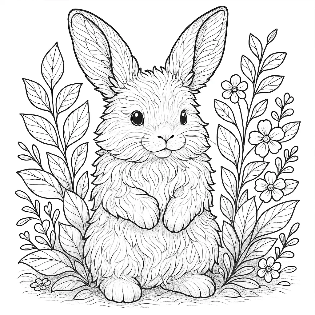  Ausmalbild eines flauschigen Hasen mit großen Ohren, der auf den Hinterbeinen steht