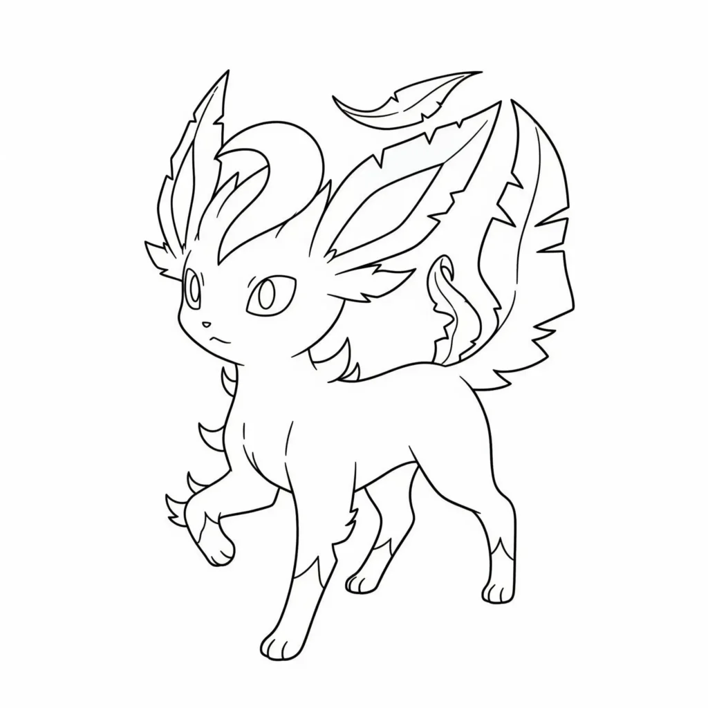 leafeon evoli ausmalbild zeigt das pflanzenpokemon stehend zwischen blättern als ruhige malvorlage für kinder zum ausdrucken