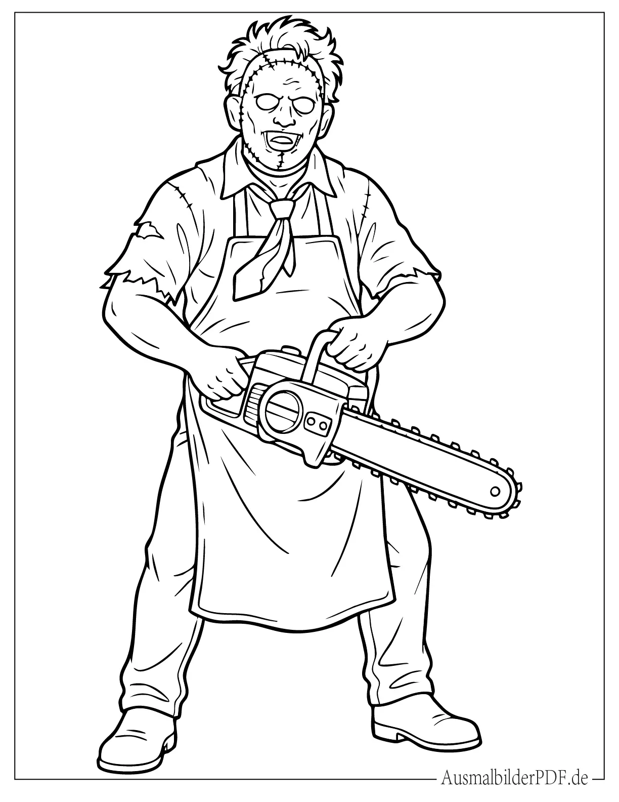 Leatherface Horror Charakter hält eine Kettensäge Ausmalbild
