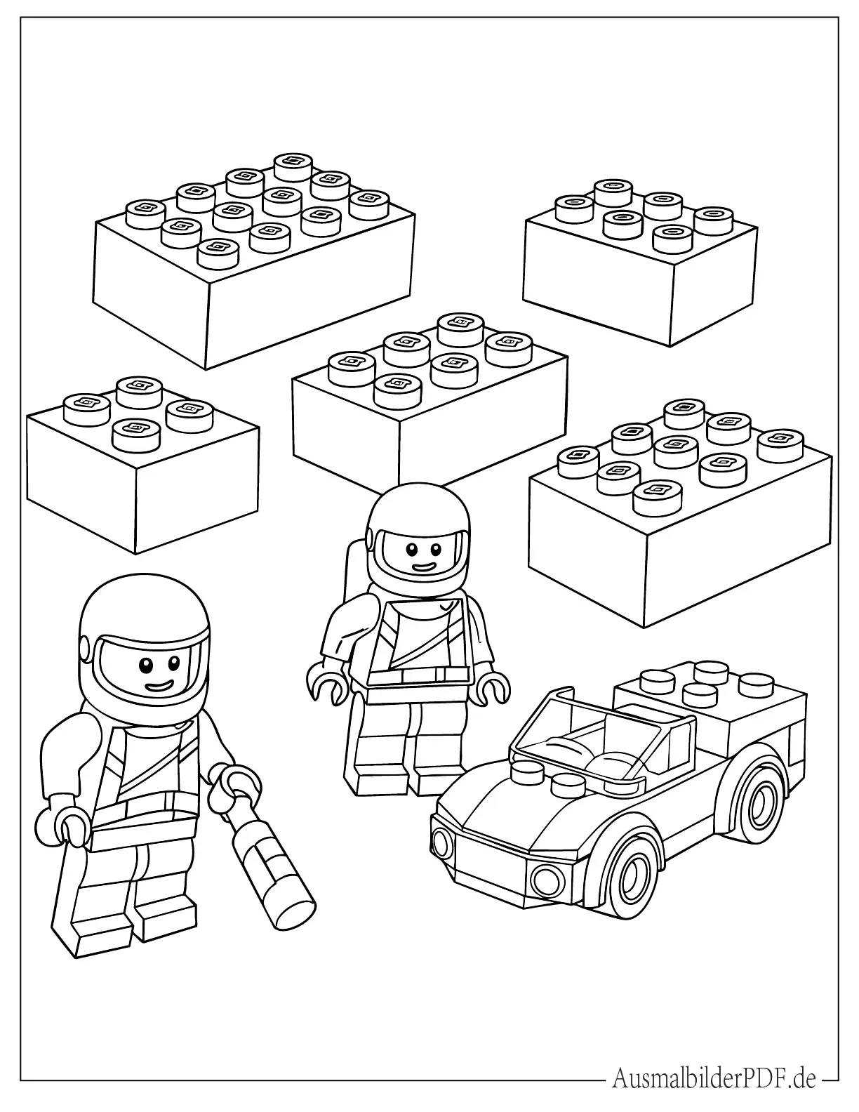 Lego Ausmalbild mit kleinen Figuren und Steinen
