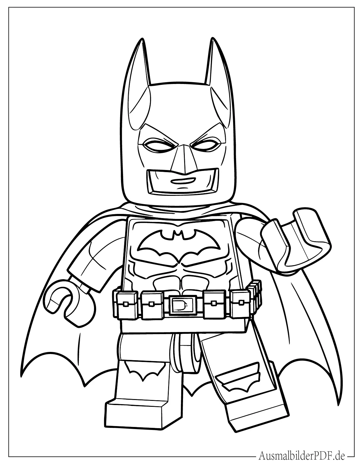 Fröhlicher Lego Batman im typischen Blockdesign mit Umhang und Maske, perfekt für kreative Malstunden mit Kindern.