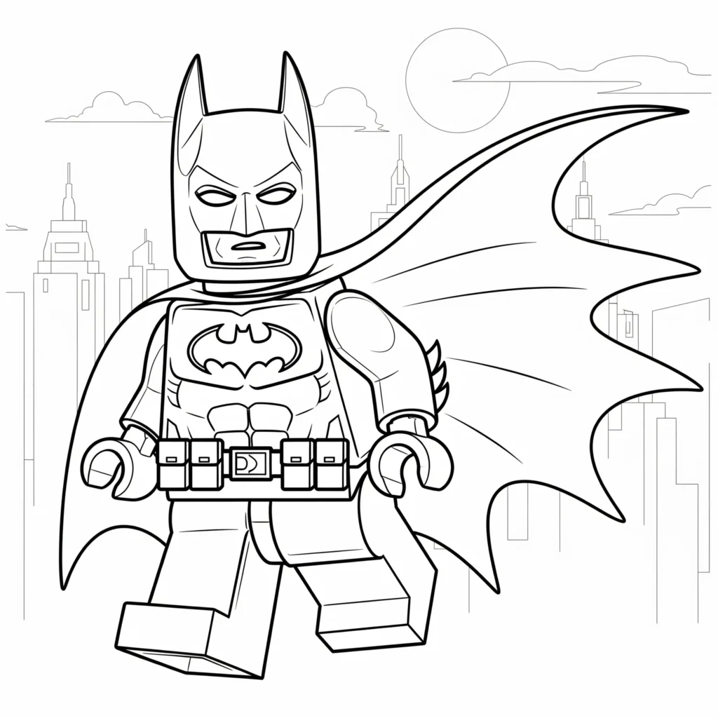 Lego von Batman Ausmalbild als PDF zum Ausdrucken. Geeignet für Kinder und Erwachsene.