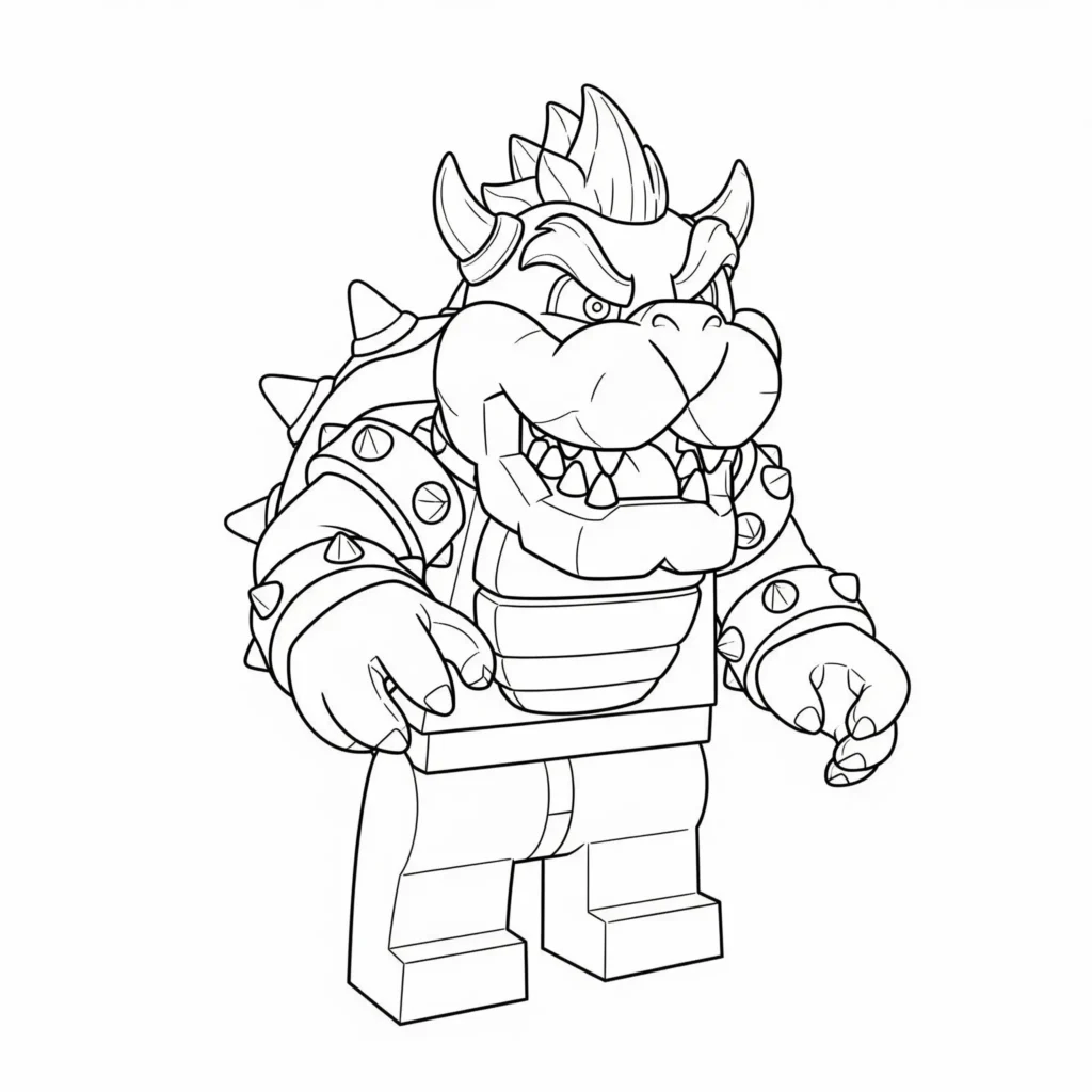Lego Bowser aus Super Mario als Ausmalbild zum Ausdrucken, kostenlose Malvorlage für Kinder und Erwachsene