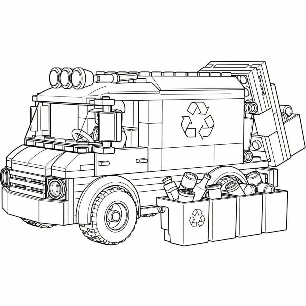 Lego vom Recycling LKW Ausmalbild aus Lego City als PDF zum Ausdrucken. Für Kinder und Erwachsene.