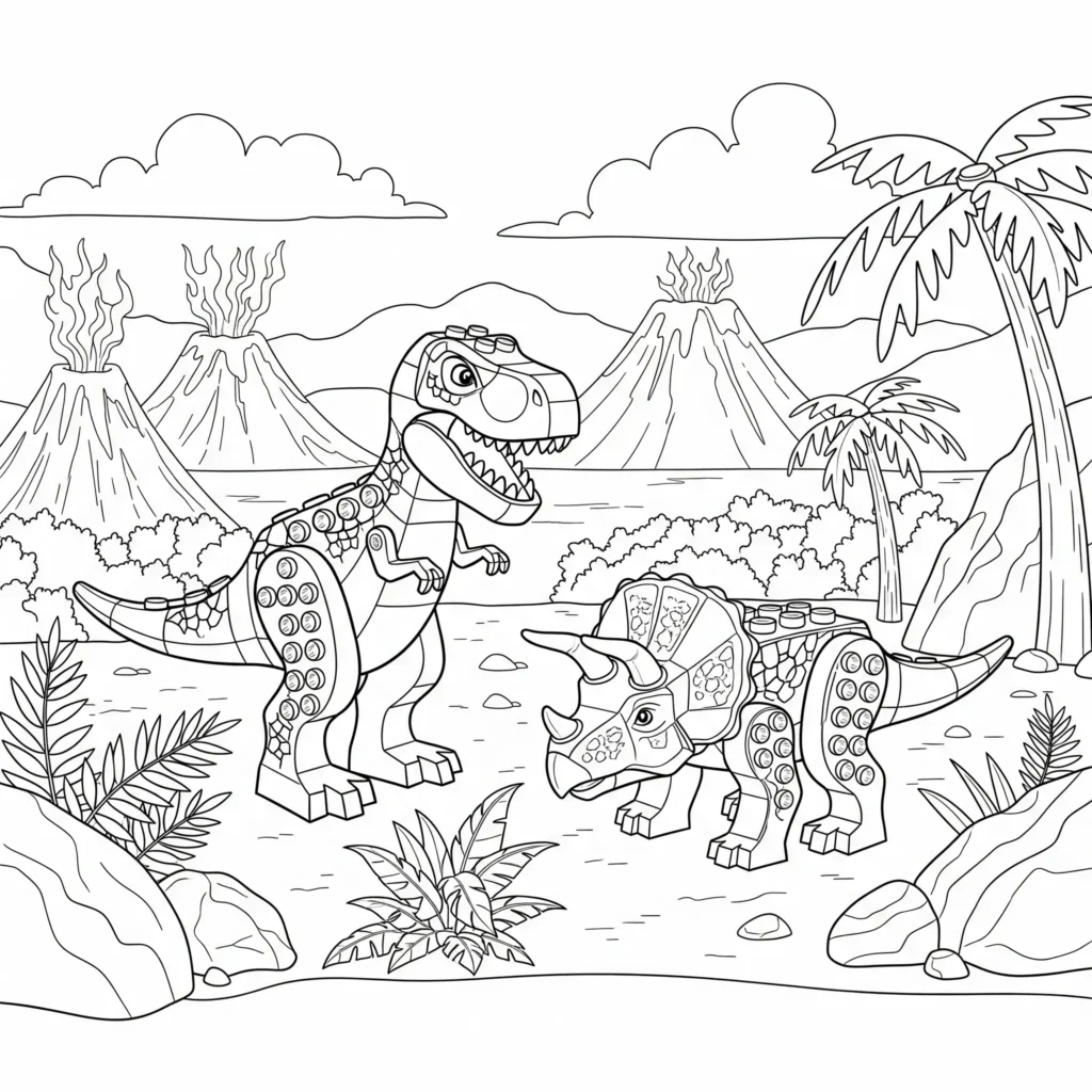 Lego Ausmalbild mit Dinosaurier Motiv als PDF zum Ausdrucken für Kinder