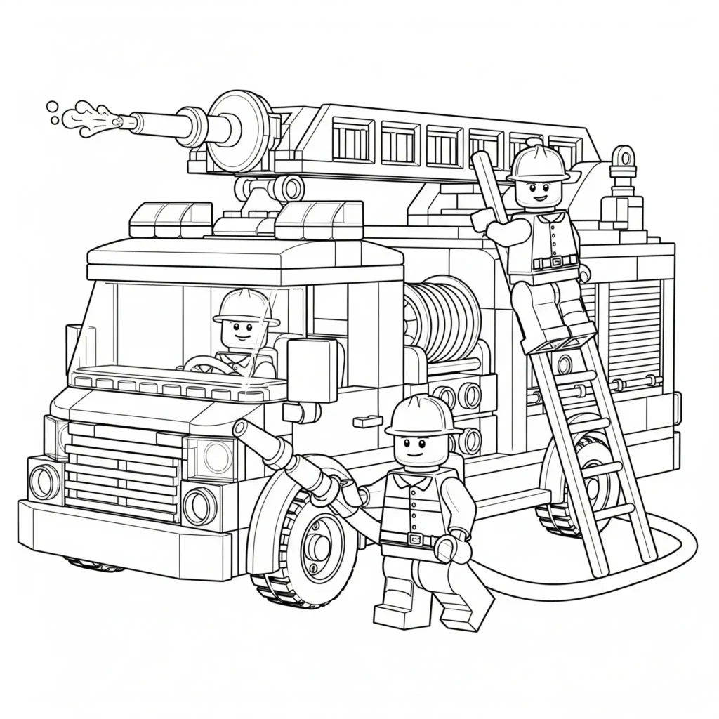 Lego vom Feuerwehrfahrzeug Ausmalbild als PDF zum Ausdrucken für Kinder und Erwachsene