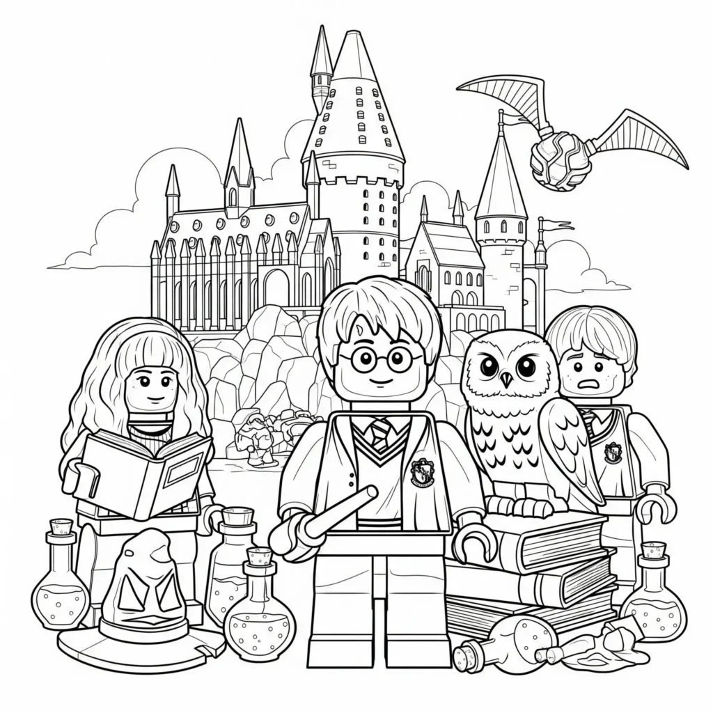 Lego von Harry Potter Ausmalbild als PDF zum Ausdrucken. Perfekt für Kinder und Erwachsene.