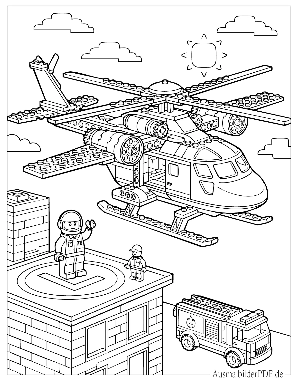 Lego Hubschrauber mit Hubschrauberlandeplatz ausdruckbare Ausmalbild