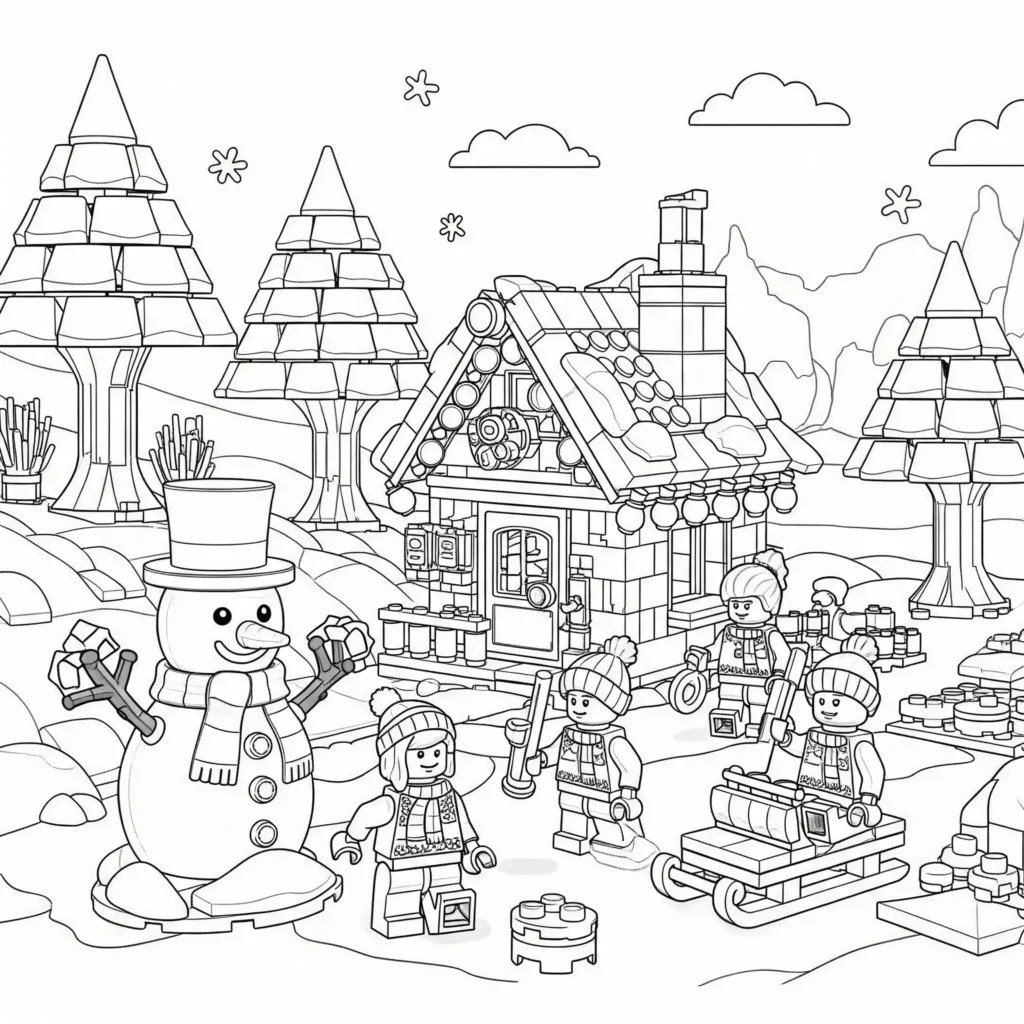 20+ Ausmalbilder Winter (Kostenlos Malvorlage zum Ausdrucken) Ausmalbild mit LEGO Figuren, die im Schnee spielen – mit Mützen, Schals und winterlicher Landschaft. Ideal als kreative Wintervorlage zum Ausdrucken.