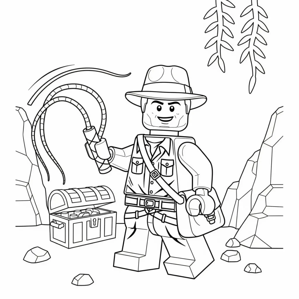 Lego von Indiana Jones als PDF Ausmalbild zum Ausdrucken. Für Kinder und Erwachsene geeignet.