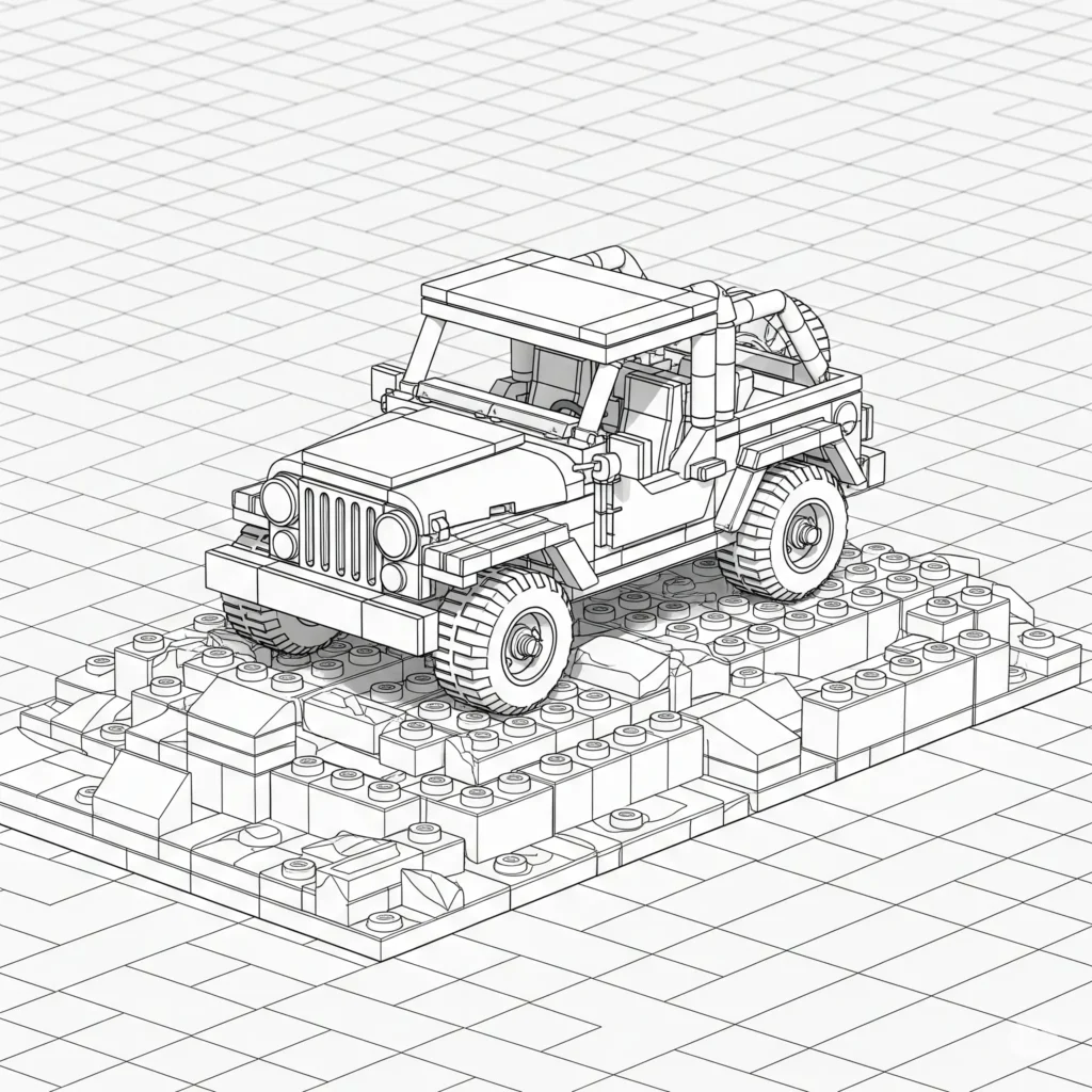 Jeep Ausmalbilder (Kostenlos Malvorlage zum Ausdrucken) Dieses PDF zeigt einen LEGO Jeep. Kinder können es ausdrucken und kreativ ausmalen, ideal für Spaß und Lernen