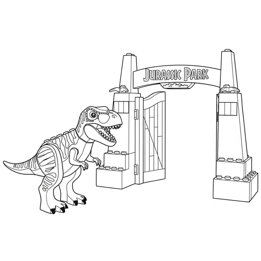 Jurassic Park ausmalbild für kinder mit LEGO Figuren und Dinosauriern aus der bekannten Filmwelt als kreative Malvorlage
