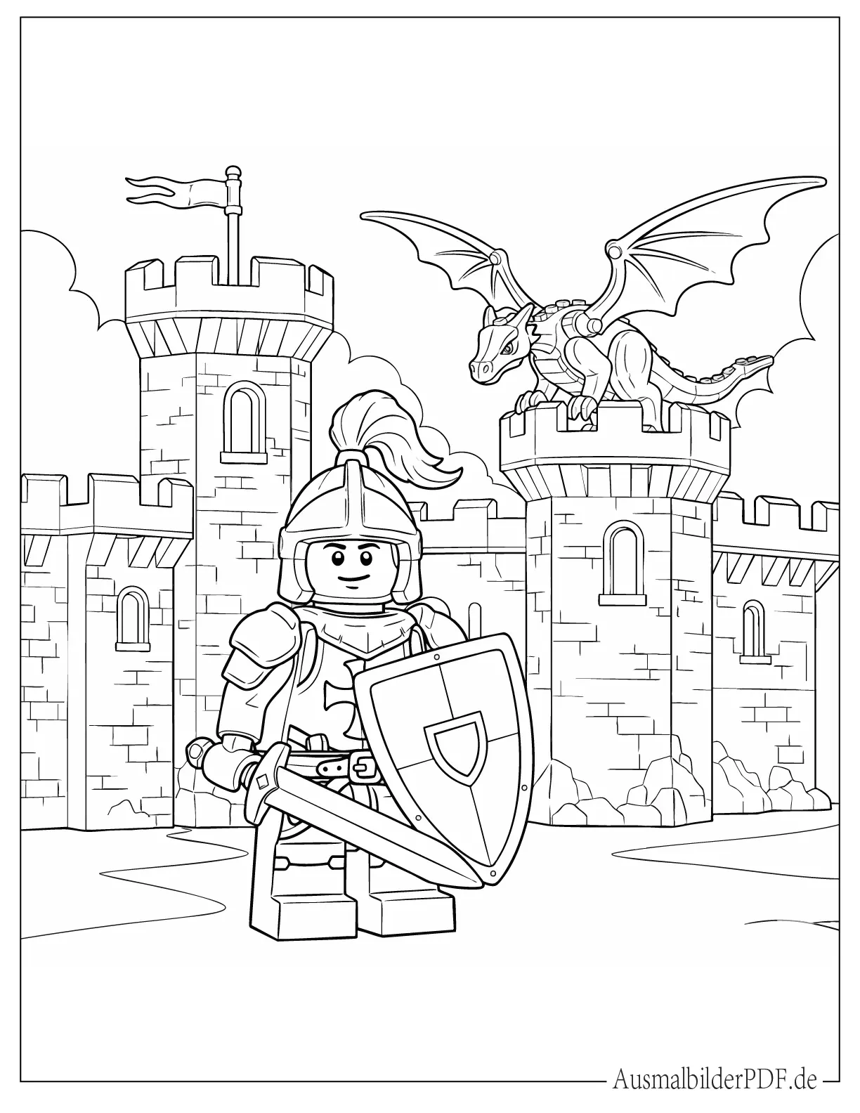 LEGO Mittelalterlicher Ritter mit Drachen auf Schloss Malvorlage