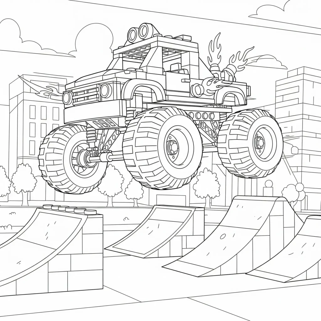 Lego mit Monster Truck Motiv Ausmalbild als PDF zum Ausdrucken. Ideal für Kinder und Erwachsene.