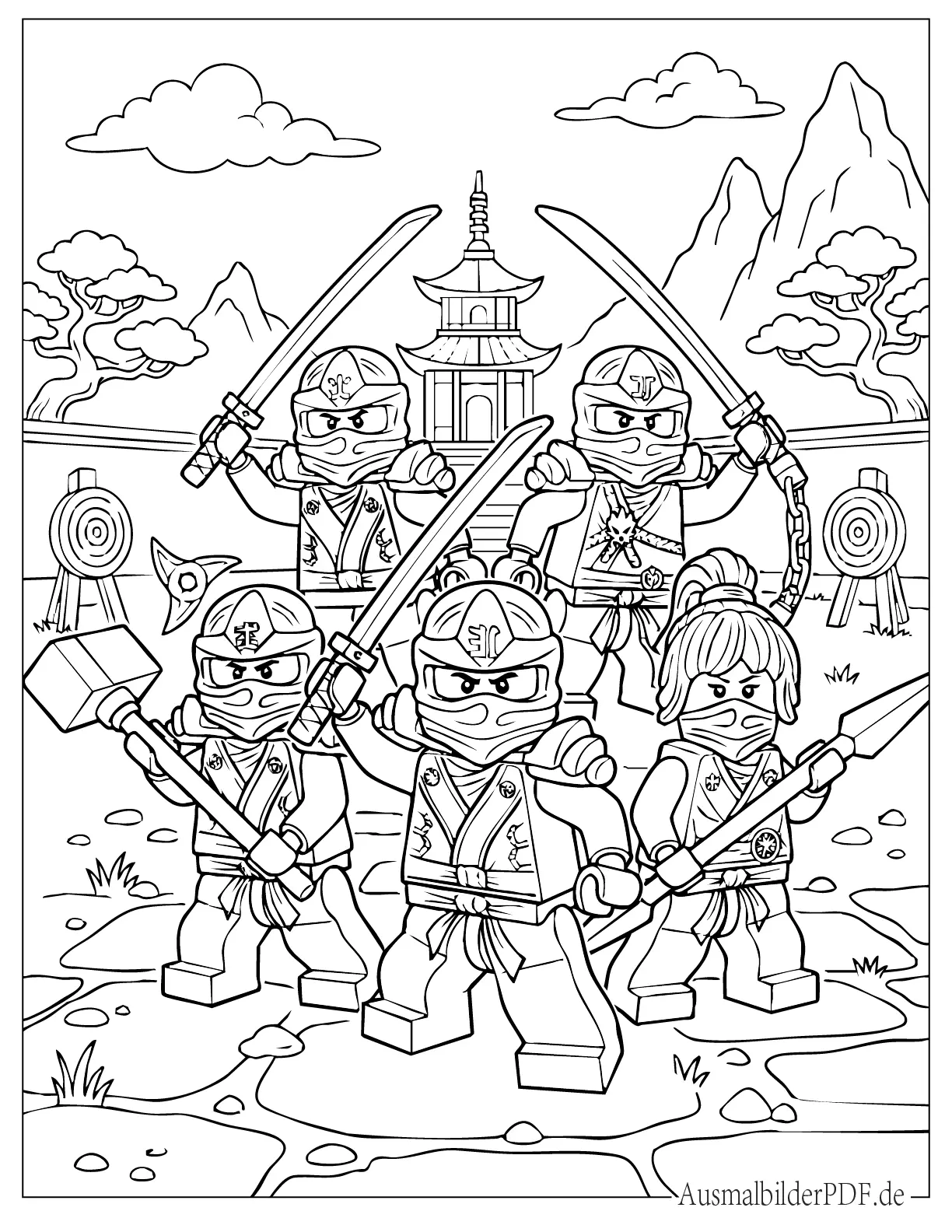 Lego Ninjago Gruppe von Ninjas mit Waffen Ausmalbild