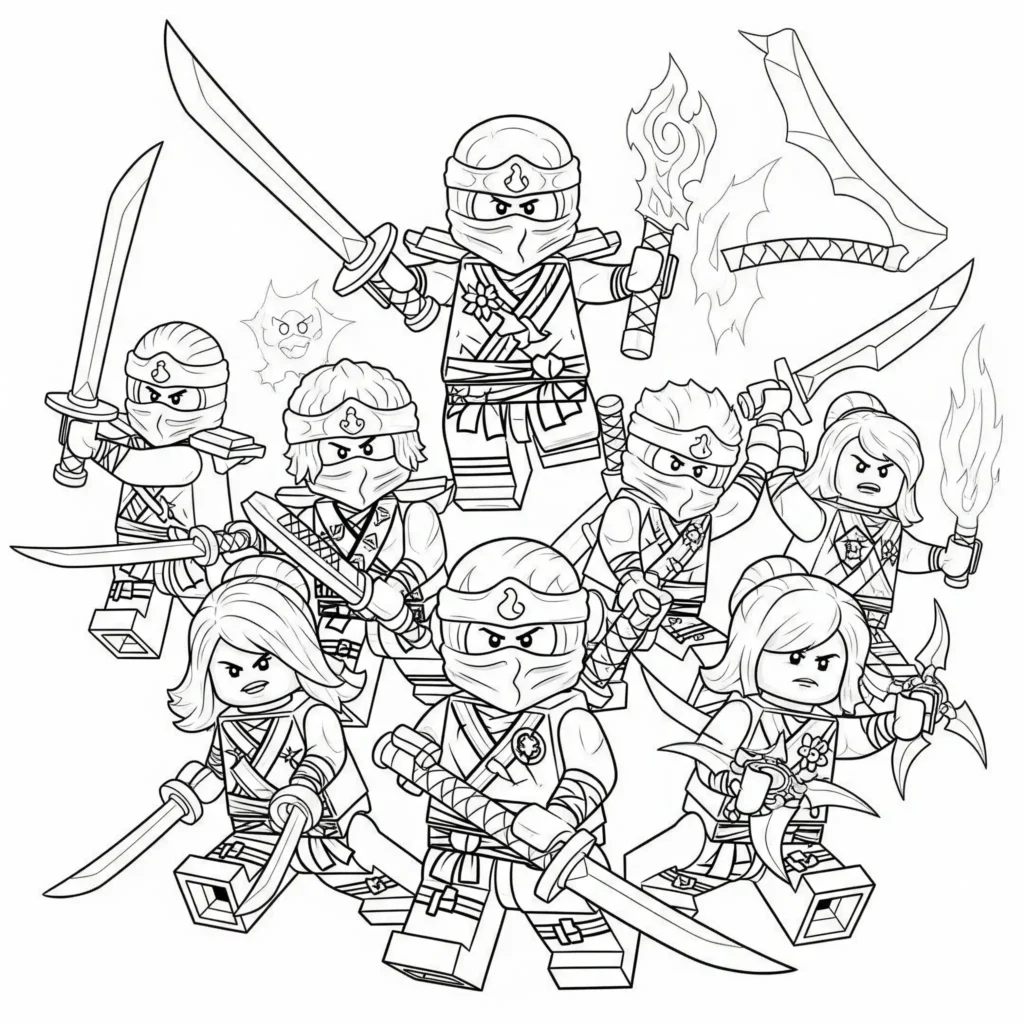Lego Ausmalbild von Ninjago bereit zum Kampf als PDF zum Ausdrucken für Kinder und Erwachsene