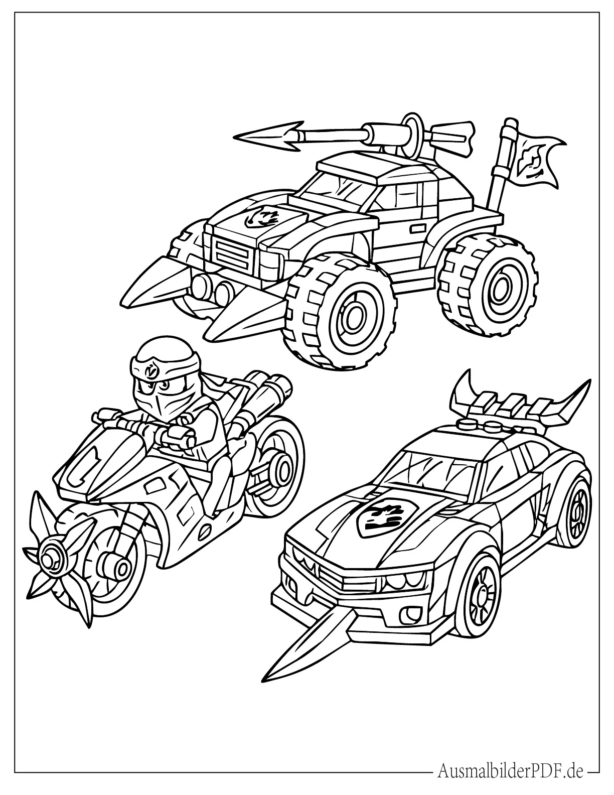 Lego Ninjago drei verschiedene Fahrzeuge Ausmalbild
