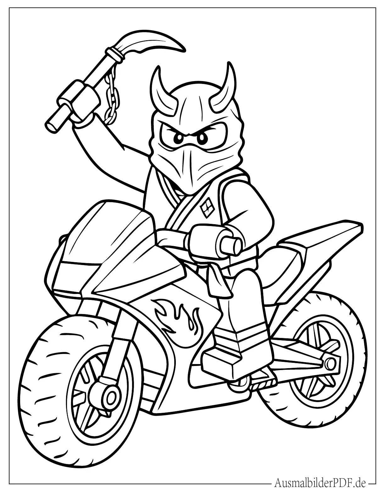 Lego Ninjago Söhne von Garmadon Bösewicht fährt Fahrrad zum Ausmalen
