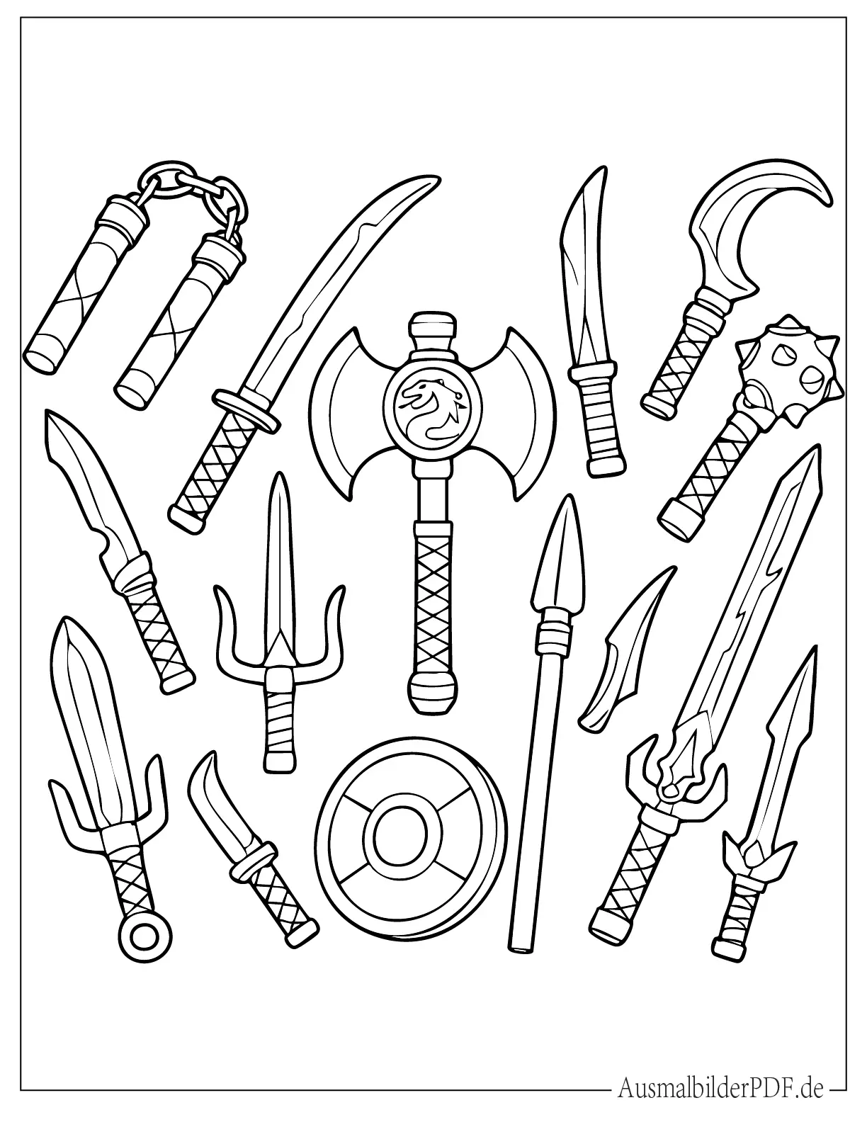 Viele verschiedene Lego Ninjago Waffen Malvorlage