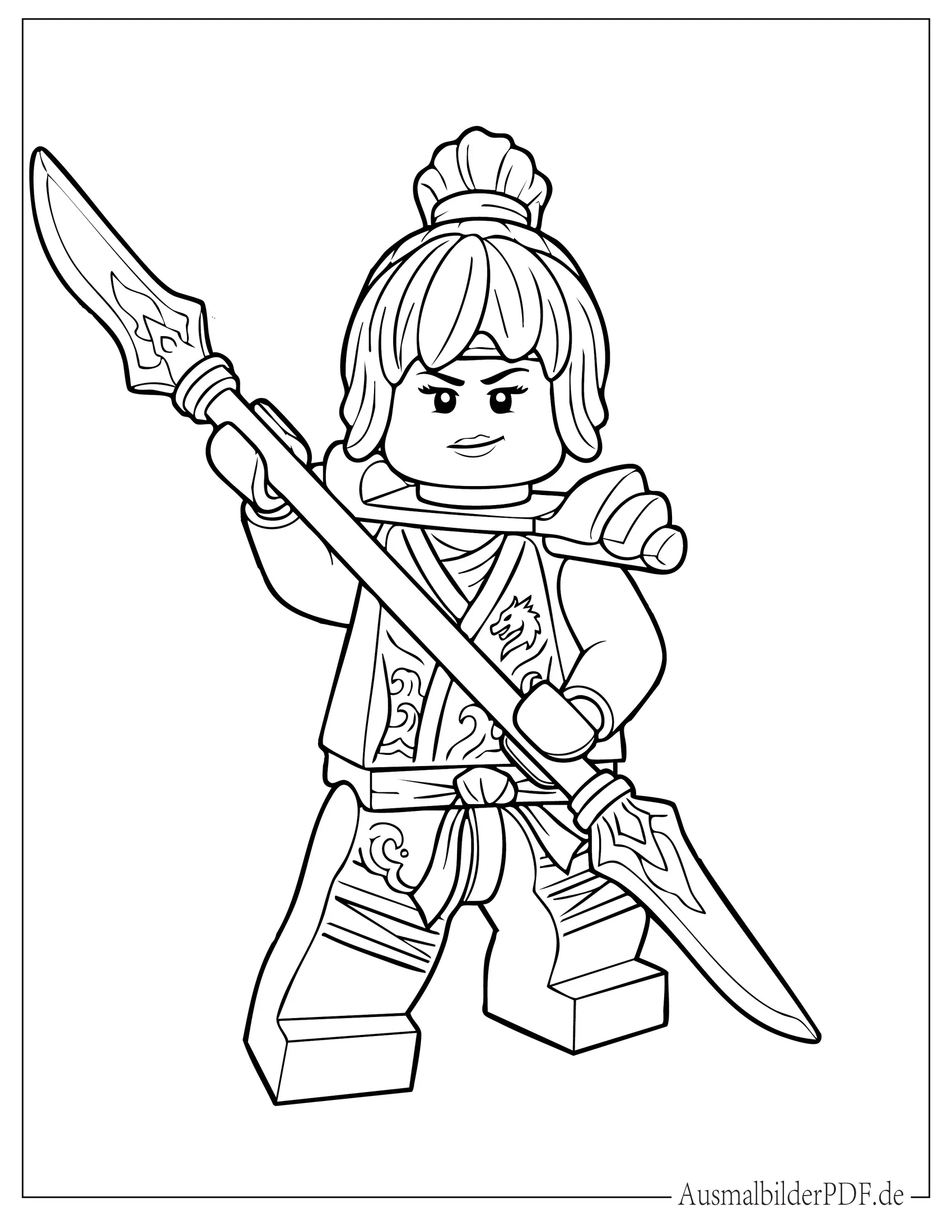 LEGO Ninjago weibliche Ninja hält zweischneidiges Schwert Malvorlage