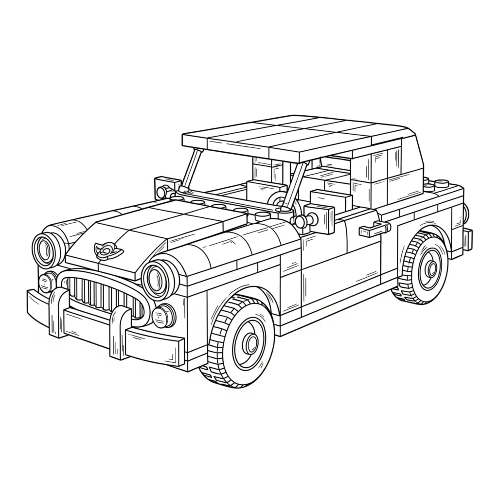 Oldtimer Ausmalbilder (Kostenlos Malvorlage zum Ausdrucken) Ausmalbild eines LEGO Vintage Autos mit klassischen Formen und Details zum Ausmalen für Kinder und LEGO Fans