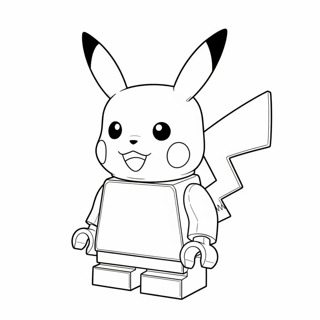 Ausmalbild von Lego Pikachu in ikonischer Bausteinform mit blockigem Körperbau, ideal zum Ausmalen für Pokémon- und Lego-Fans gleichermaßen.