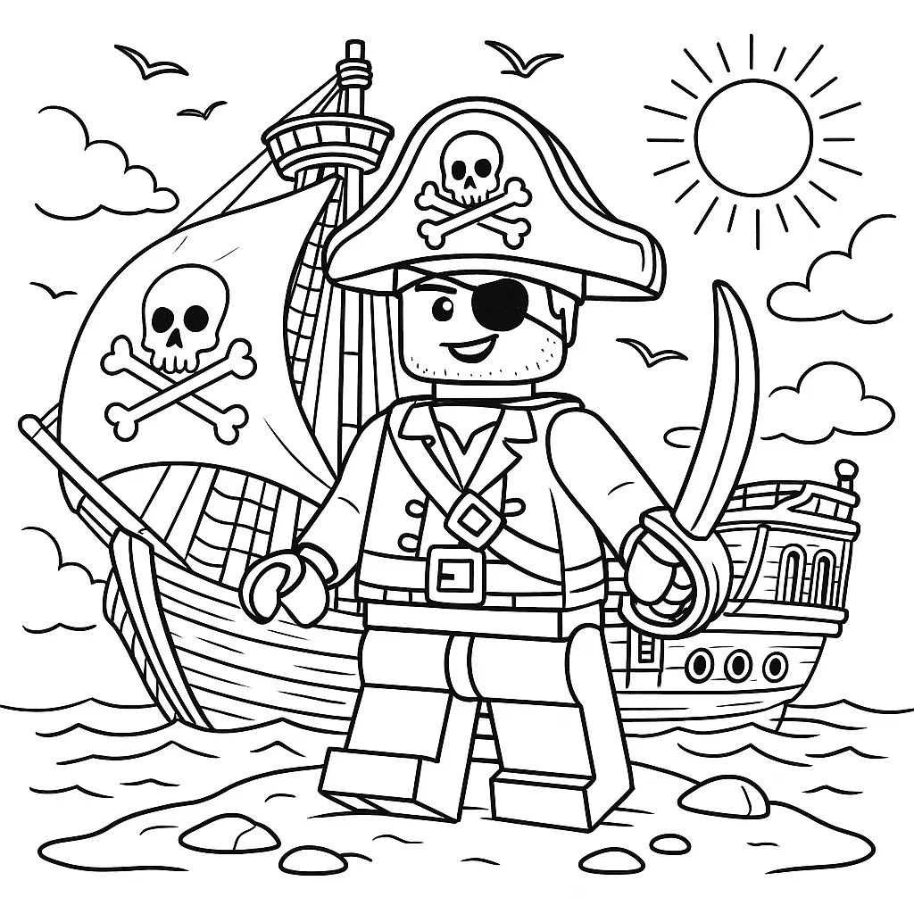 Lego Pirat auf Piratenschiff mit Schatz und Segel – Piraten Ausmalbild