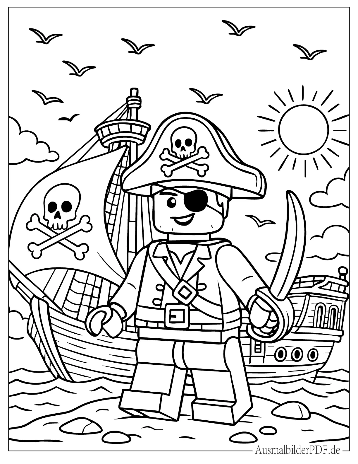 Lego Pirat mit Augenklappe und Schwert zum Ausmalen