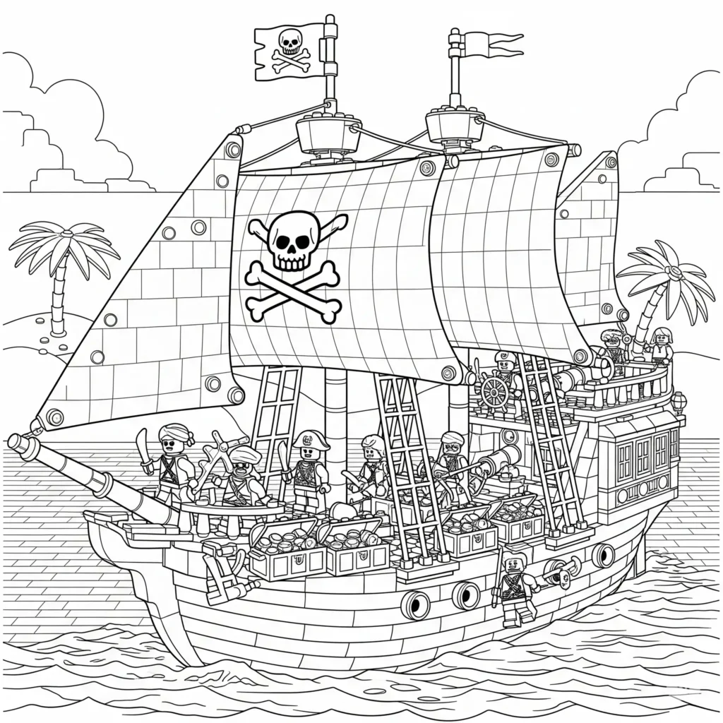 Lego Ausmalbild eines Piratenschiffs als PDF zum Ausdrucken für Kinder und Erwachsene