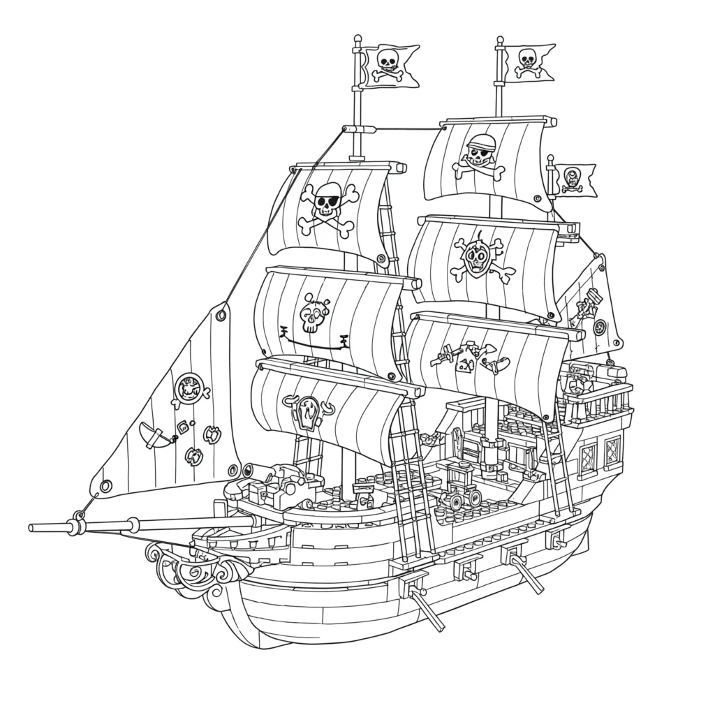 Lego Piratenschiff Ausmalbild mit detailreichem Baukasten-Design – kostenlose Piratenschiff Ausmalbilder als PDF zum Ausdrucken