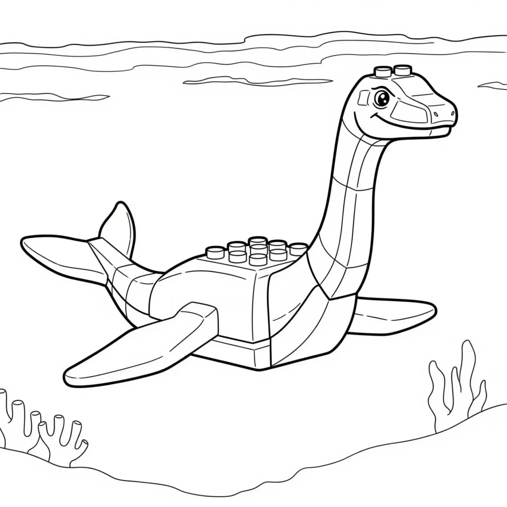 LEGO Plesiosaurus Ausmalbild zeigt den Plesiosaurus aus Bausteinen als kreative Vorlage zum Ausmalen und Drucken