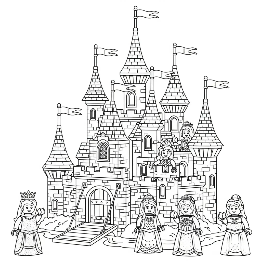 Lego Ausmalbild vom Prinzessinnen Schloss als PDF zum Ausdrucken für Kinder und Erwachsene