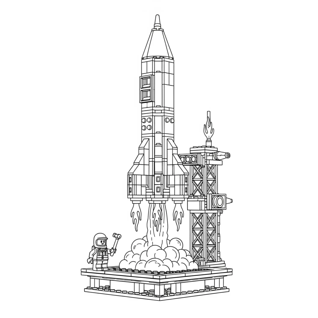 LEGO Rakete Ausmalbild, ideal für kreative Kinder und LEGO-Fans.