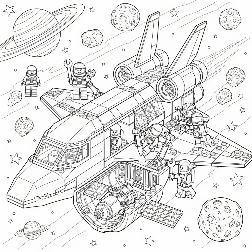 Lego mit Raumschiff Ausmalbild als PDF zum Ausdrucken für Kinder und Erwachsene
