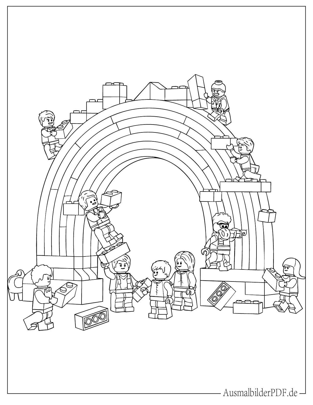 20 Regenbogen Ausmalbilder (Gratis Malvorlagen zum drucken) LEGO Charaktere bauen einen Regenbogen Ausmalbild