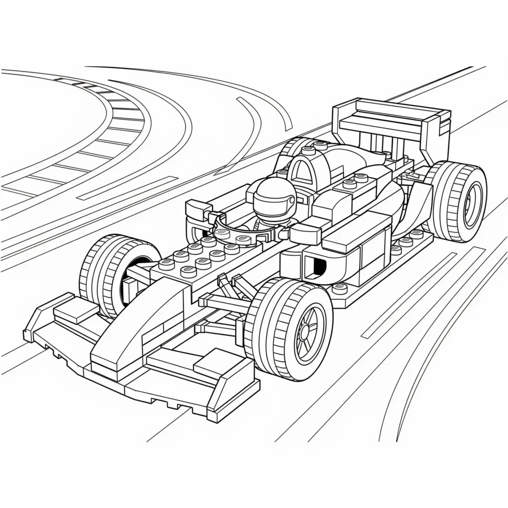 Lego mit Rennwagen Ausmalbild als PDF zum Ausdrucken für Kinder und Erwachsene