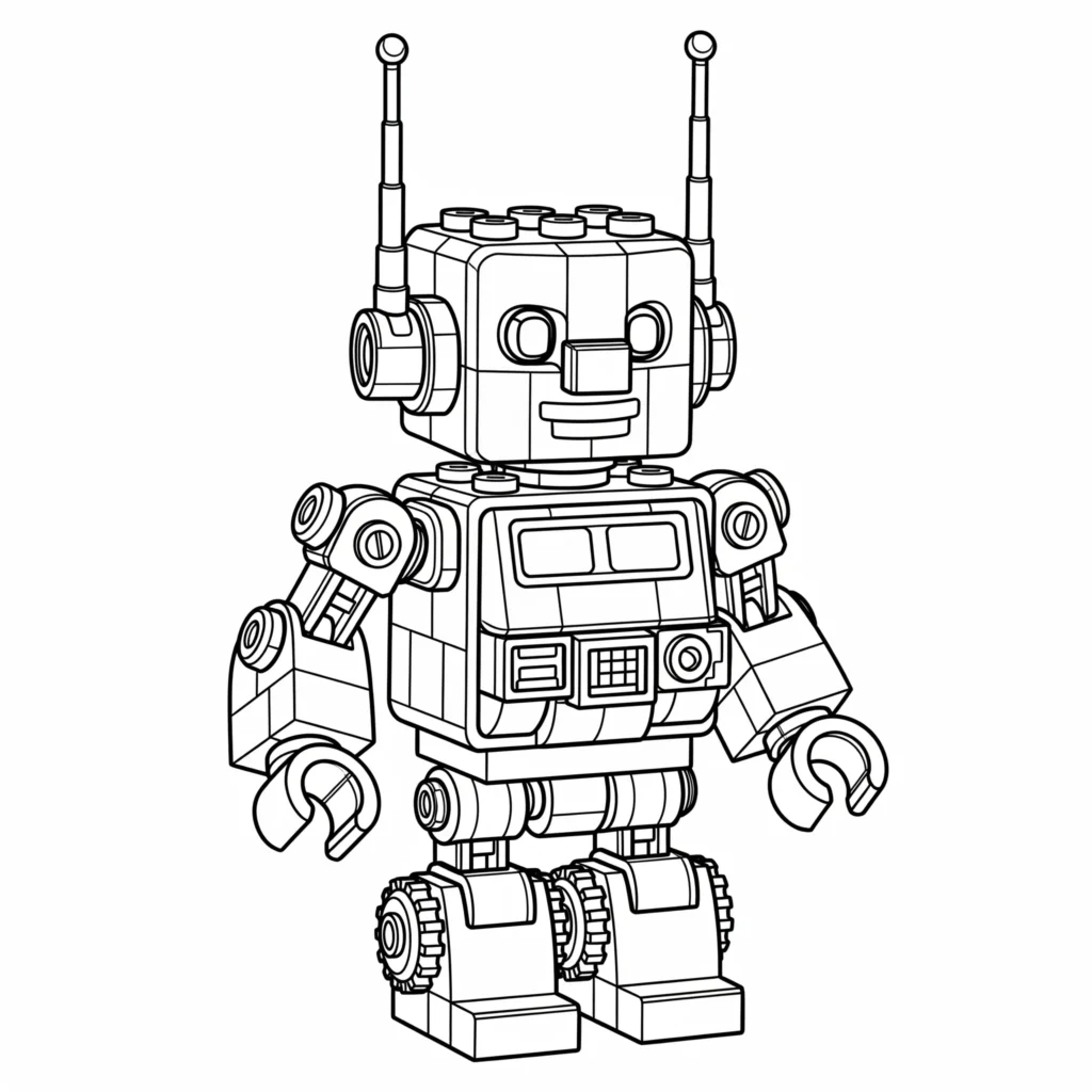Lego Ausmalbild mit Roboter Motiv als PDF zum Ausdrucken. Ideal für Kinder und Erwachsene.